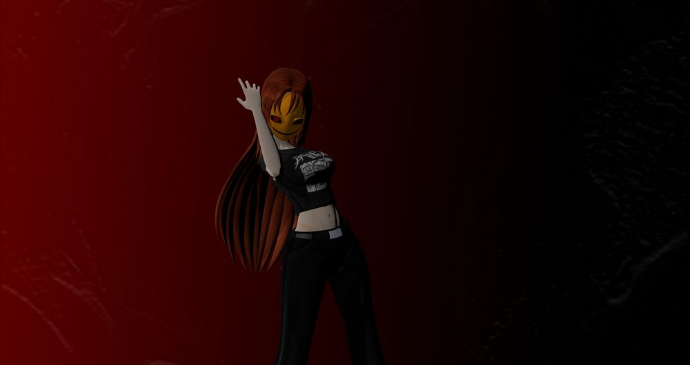 A woman with brown hair and brown mask with red eyes and a crop top shirt  that says bailey with 3 rows of 3 eyes with one arm up with her hand going behind her head