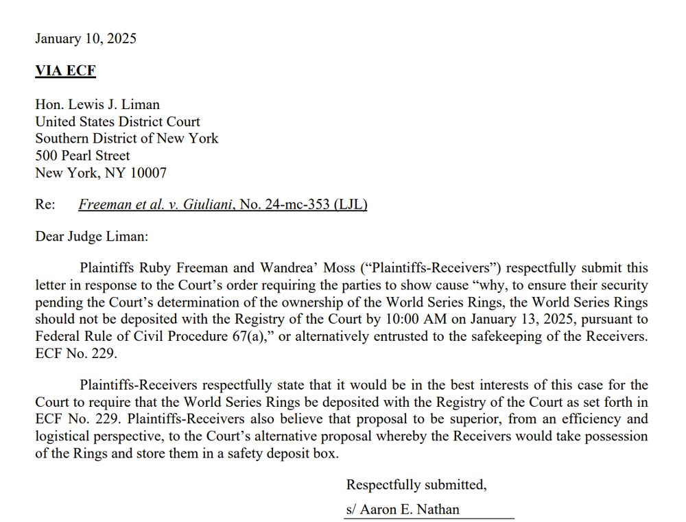 reponse regarding temporary disposition of the World Series rings--we prefer the Registry of the Court