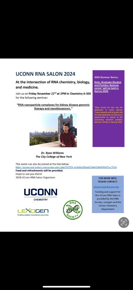A seminar flyer for the UConn RNA Salon 2024 advertising a talk by Dr Ryan Williams of The City College of New York. The seminar date was November 22, 2024.