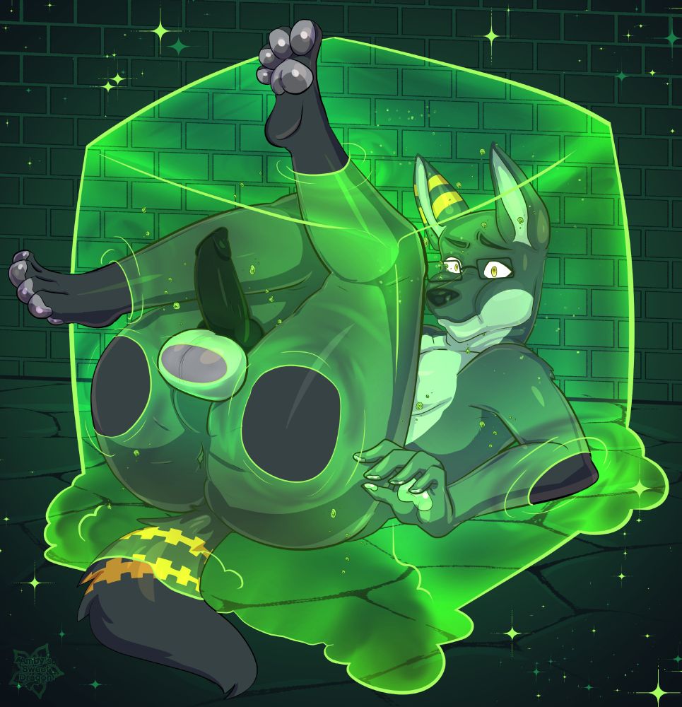 Ineq trapped in a gelatinous cube, holding his breath with his balls slightly exposed and his cock hard within the slime.

How does he keep failing all these checks? It's almost like he wants this to happen. Silly jackal.
