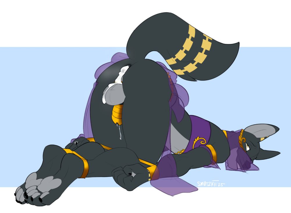 Ineq on the floor fucked silly in a harem dancer outfit, leaking cum from his ass, still bound and in chastity, lost in the bliss.