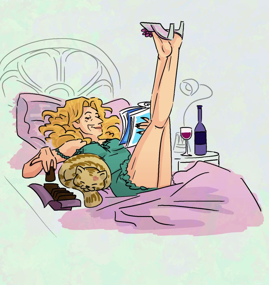 A pin-up of a lean 40-something woman with big curly blonde hair lounging in bed with her legs straight up, smirking at the viewer, reading a magazine and eating chocolates. Her cat is curled up next to her and there's a glass of wine on the nightstand