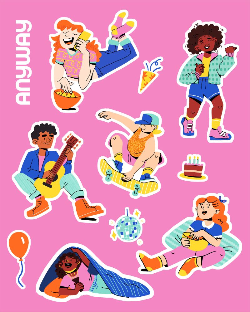 A collection of six teen character illustrations collaged on a pink background in a style that looks like a sticker sheet. One girl is on the phone while eating snacks, another dances, and two others are at a sleepover, one teling stories under a blanket and one sitting on a pillow eating snacks. There are two boys, one plays the guitar and the other is skateboarding. The illustrations are colourful and full of patterns.