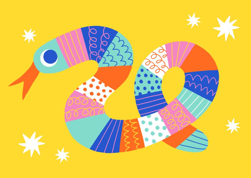 A bright and colourful digital illustration of a snake twisted around itself and surrounded by stars. The style is bold and graphic with the snake coloured with thick stripes of multiple colours, each filled with different patterns. 