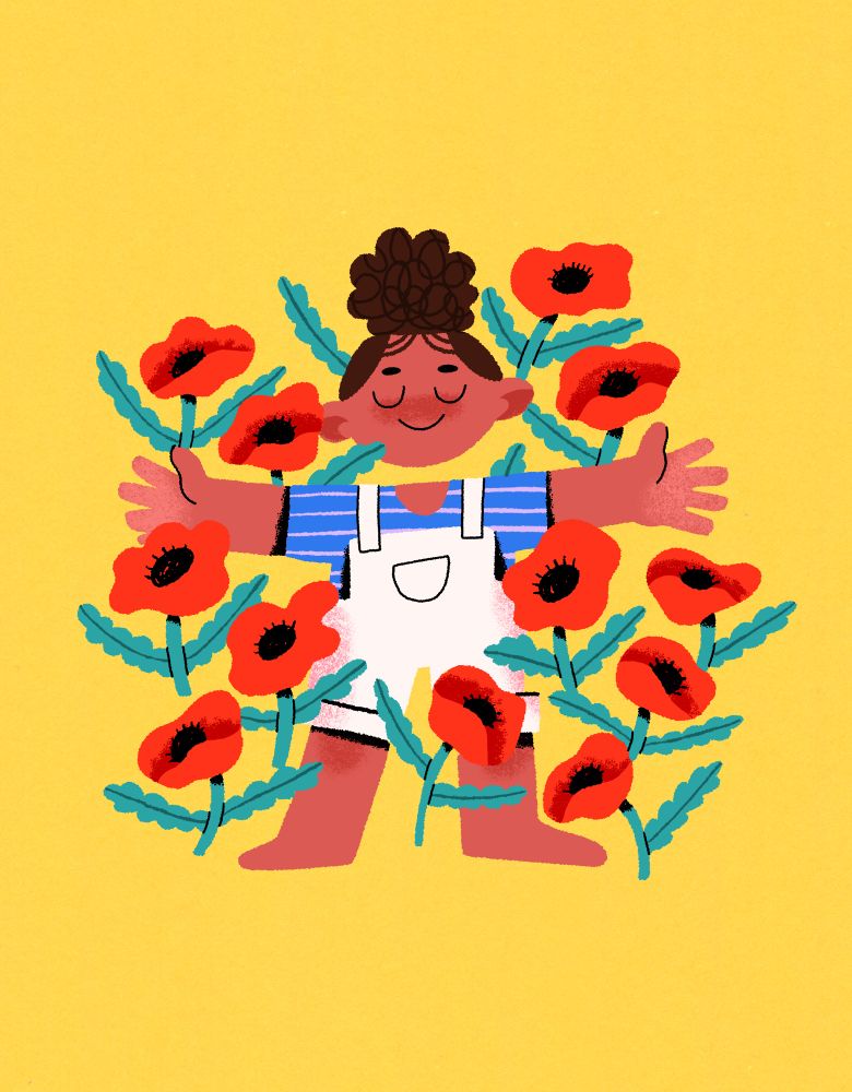 Digital illustration of a mixed race girl with her hair in a curly brown bun lying in a field of poppies. Her eyes are closed and she has her arms outstretched between the flowers 