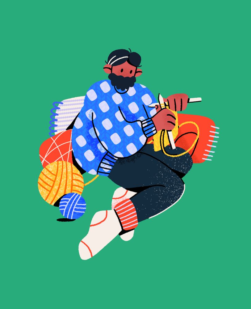 Digital illustration of a South Asain man sitting and knitting. He has two white streaks in his hair and wears a large knitted blue sweater with lilac dots as he works on a yellow knit project. He is sitting against a few patterned cushions and two big balls of wool beside him.