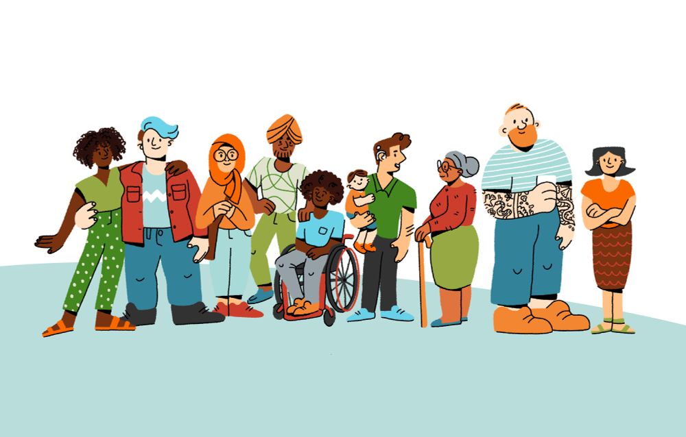 A digital illustration of a line up of characters of different ethnicities, genders and abilities. They are drawn in a graphic and bold artstyle with fun patterns on their clothing