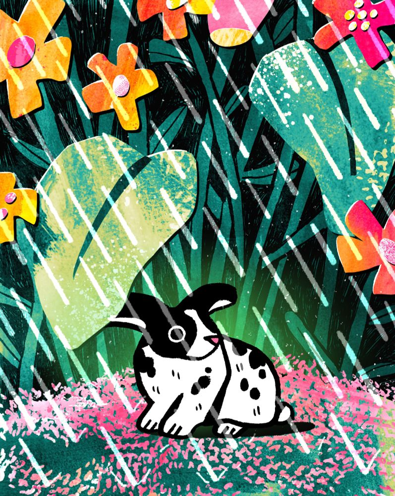 An illustration of a black and white rabbit sitting under a big leaf as it rains. There are lot of leaves and flowers in the background and the grass beneath the rabbit is covered in pink petals. The art is made using a mix of digital and traditional techniques with handmade textures and ink drawings. 