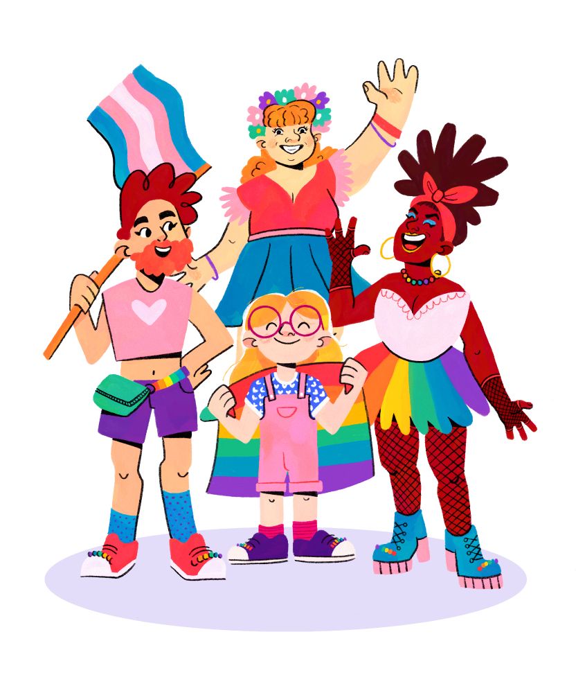 Digital illustration of 4 characters dresseed for Pride. A young blonde-haired girl with glasses stands in the middle with a smile and a rainbow flag around her shoulders. Around her stands a Black drag queen with a rainbow dress, a White man in a crop top holding a transflag, and a woman with a flower crown and a colourful dress. All of them have rainbow beads on their shoelaces. 