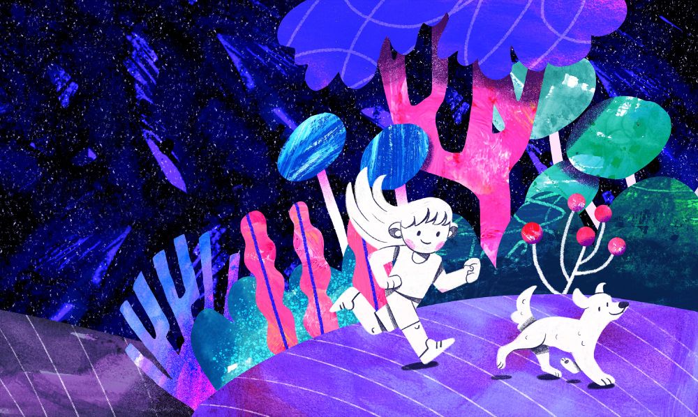 Digital illustration made using real painted textures showing a girl and a dog running through a forest. The forest is made of funky looking trees and plants in pinks and blues and greens. Behind them is a dark purple night sky full of tiny stars.