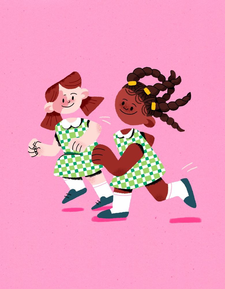 Digital illustration of two school girls running while wearing matching green gingham dresses. One girl is white with her hair in two brown bunches and has a birthmark on her face. The second girl is black with her hair in multiple twists secured with yellow hair ties