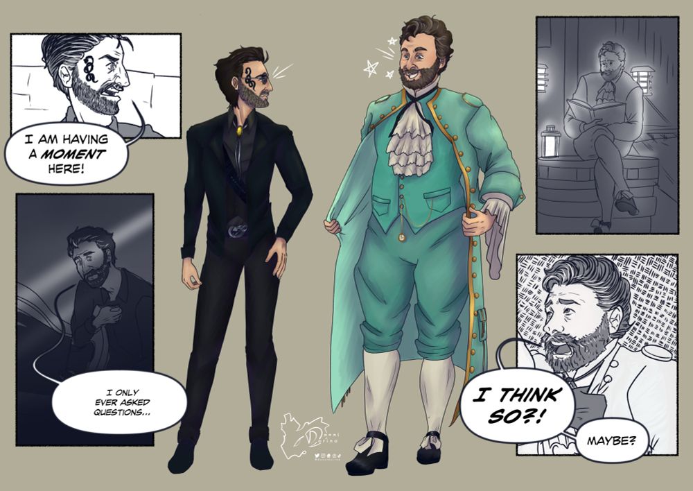 Actor Con O'Neill dressed as Crowley from Good Omens next to actor Michael Sheen dressed as Stede Bonnet. There are four extra panels depicting scenes from their respective shows but with the altered actor. Top left panel is Con O'Neill saying the line, "I am having a moment here!" As a very indignant Crowley. Bottom left panel is O'Neill saying "I only ever asked questions..." as a depressed and desperate Crowley. Top right is Michael Sheen reading the little wooden boy story to the crew as Stede Bonnet. Bottom right is Sheen saying the line "I think so?! Maybe?" As a very flustered Stede Bonnet.