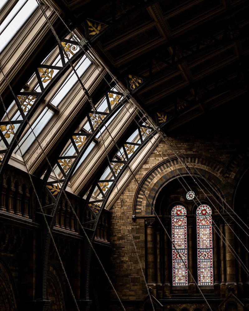 The image shows a corner of a grand, ornate building with a high, vaulted ceiling. Sunlight streams through a series of large, angled skylights, illuminating the intricate details of the architecture. The walls are made of brick, and there is a stained glass window with two panels. The ceiling is supported by large, dark beams, and there are decorative metal elements throughout.
The overall colour palette is dark and moody, with the light from the skylights creating a strong contrast with the shadows. The texture of the brick walls is also visible.