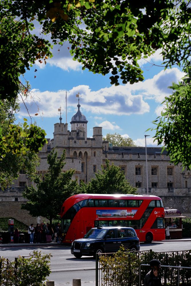 A London black taxi and a London red double-decker bus in front of the Tower of London. The edge is framed by green tree leaves.