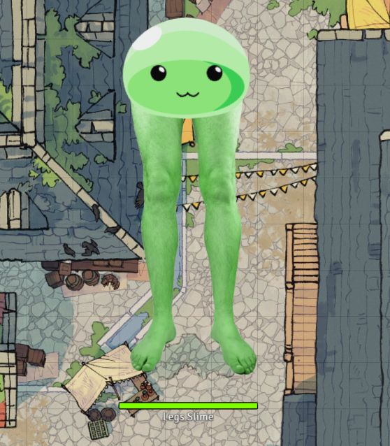 A giant slime with human legs standing in a fantasy town street