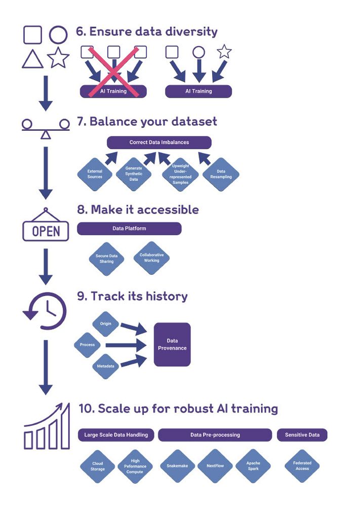 Infographic outlining AI data management steps with icons and descriptive text.
Transcribed Text:
6.	Ensure data diversity
7.	Balance your dataset
8.	Make it accessible
9.	Track its history
10.	Scale up for robust AI training