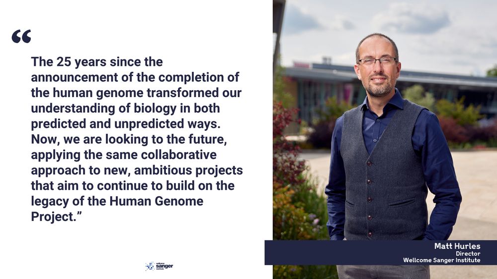 Image of Matt Hurles, Director of the Sanger Institute on the right-hand side. Quote reads: ““The 25 years since the announcement of the completion of the human genome transformed our understanding of biology in both predicted and unpredicted ways. Now, we are looking to the future, applying the same collaborative approach to new, ambitious projects that aim to continue to build on the legacy of the Human Genome Project.”