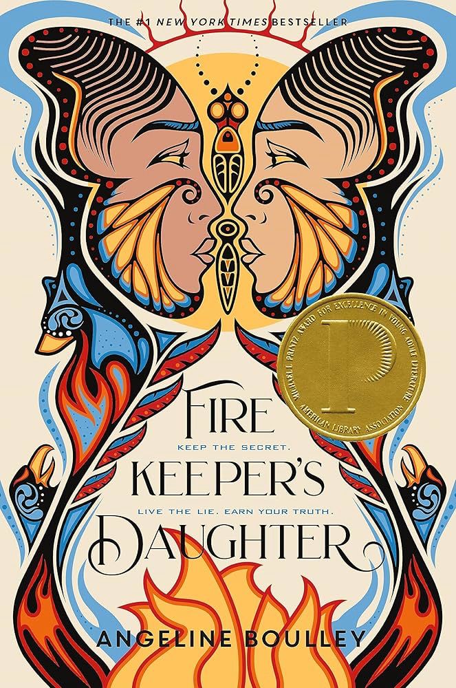 The cover of Firekeeper’s Daughter by Angeline Boulley is a visually striking design that captures the novel’s themes of identity, heritage, and duality. It features a symmetrical image of a young Anishinaabe woman’s face, split down the middle and mirrored. Her hair transforms into intricate, colorful illustrations of fire, feathers, and flowers, evoking a sense of cultural connection and natural elements. The vibrant hues of orange, red, and blue contrast against a dark background, symbolizing the interplay between light and shadow, tradition and modernity. The title, written in bold white lettering, stands out prominently, drawing attention to the fiery and resilient spirit conveyed in the artwork.
