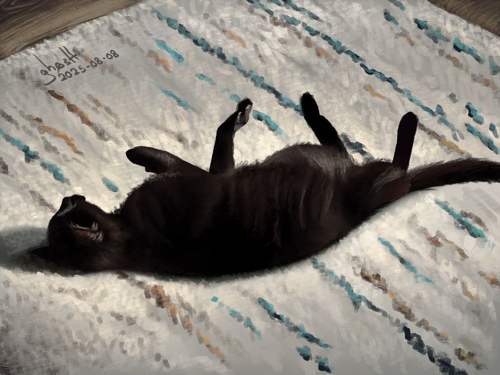 Painting of a black cat lying down on a white rug.