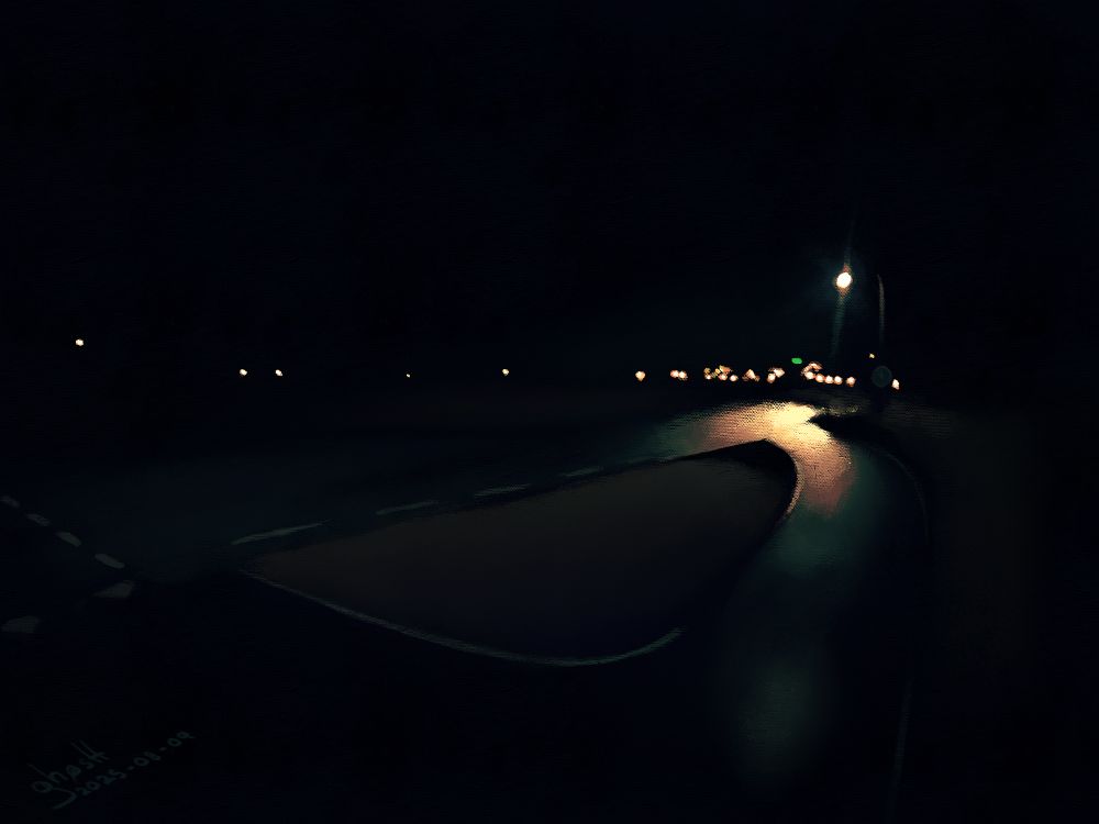 Digital landscape painting of a road illuminated by a street lamp at night. Various lights can be seen in the distance.
