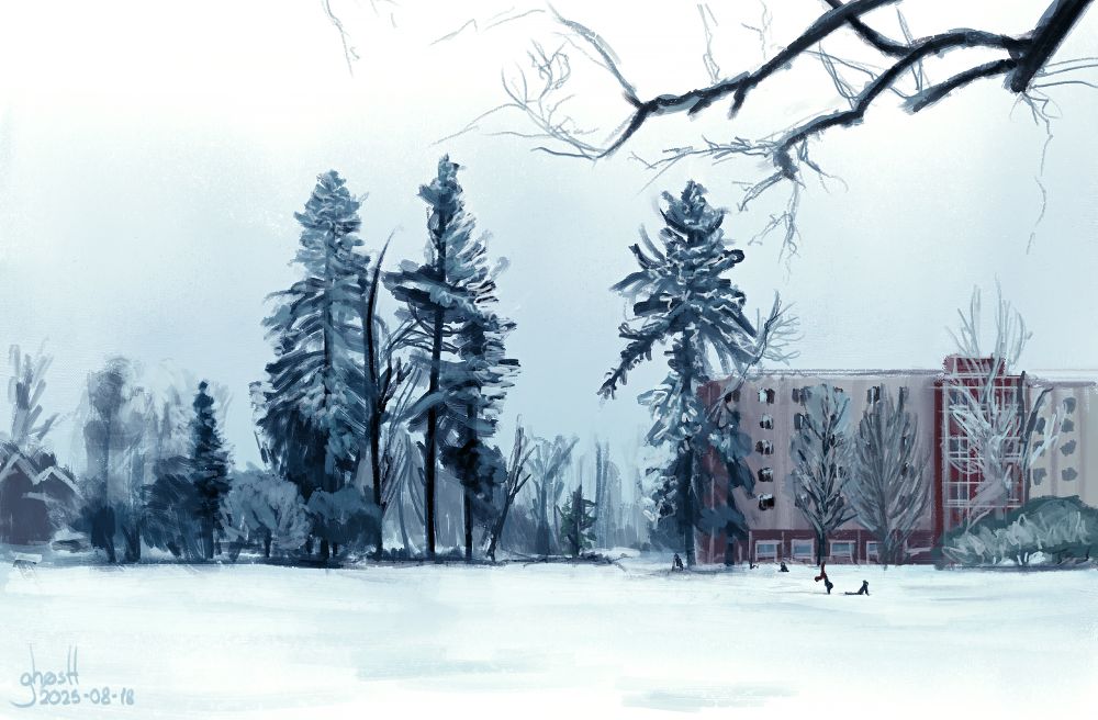 Digital painting of a snowy park.