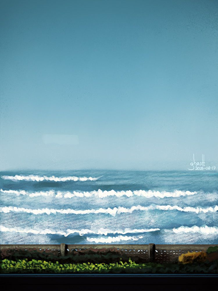 Digital painting of a beach seen through a road.