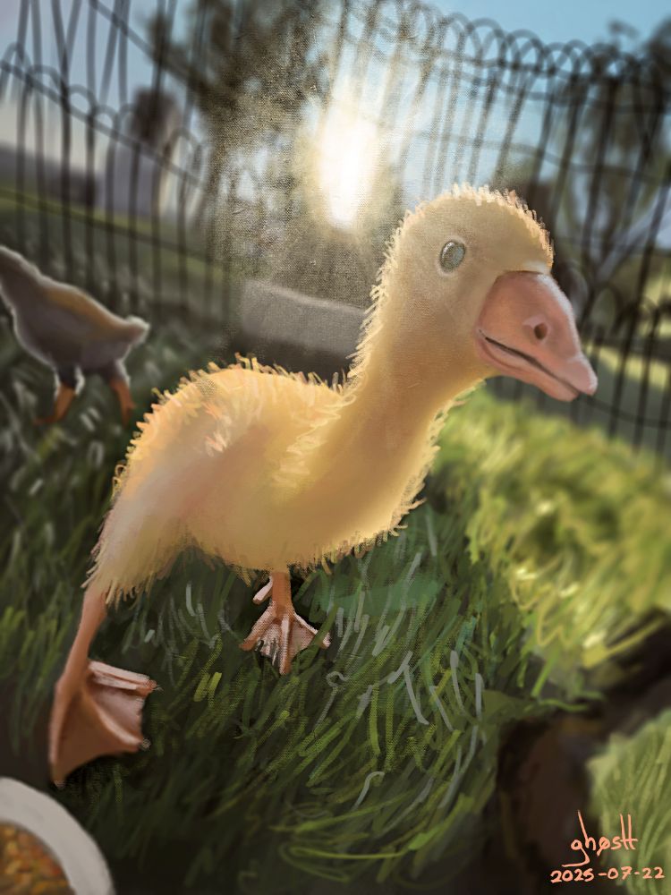 Painting of a duckling with camera distortion.