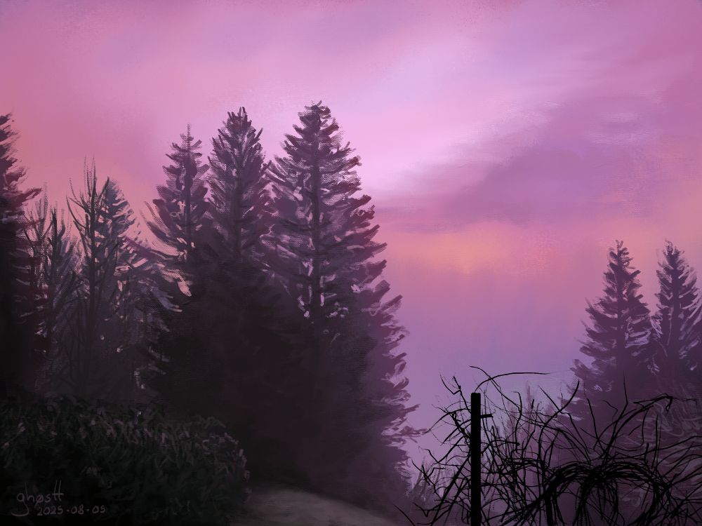 Painting of a foggy forest under a pink-purple sky.