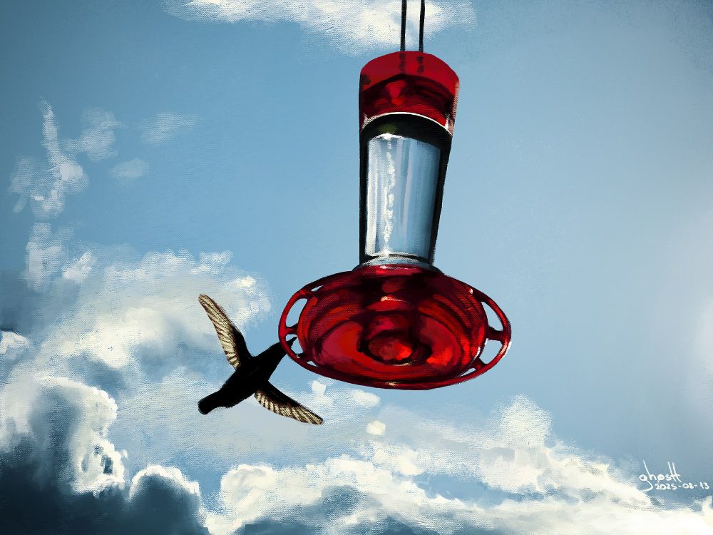 Digital painting of a bird reaching out to a feeder.