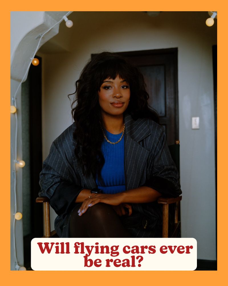 AHA Guest Akilah Hughes stuns in a gorgeous headshot surrounded with an orange background and a text bubble that says will flying cars ever be real?
