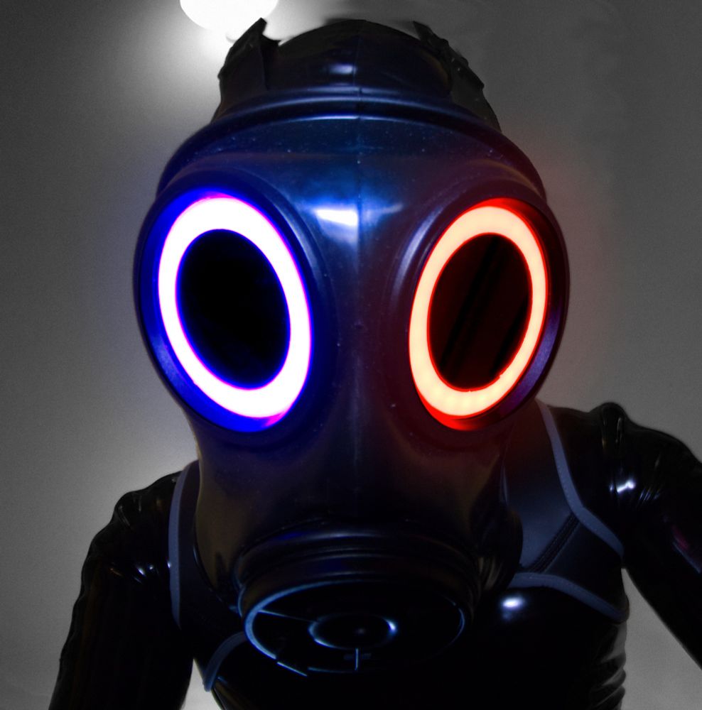 S10 wearing drone with blue and red ring lights in the eyes
