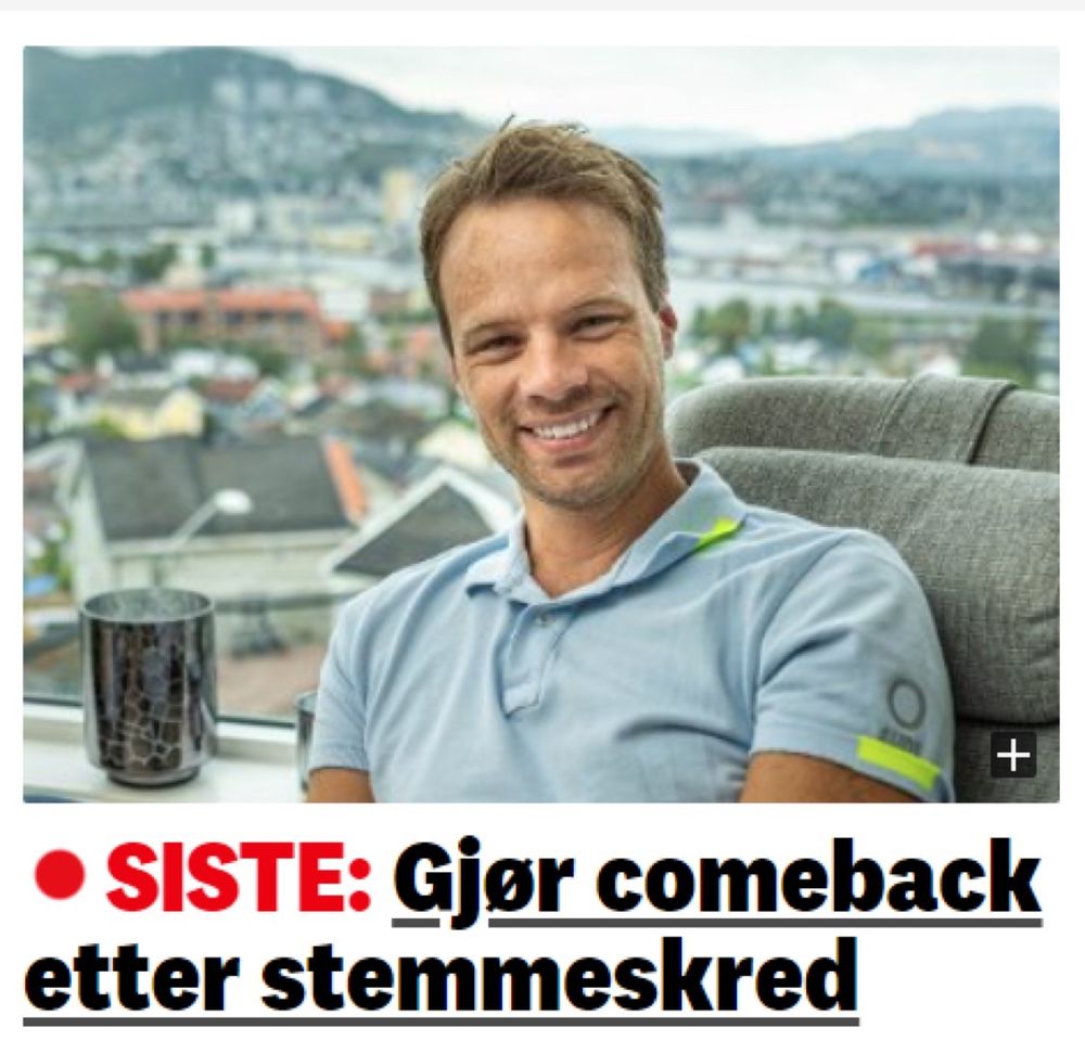 Skjermdump fra Drammenstidende. Stort bilde av Jon Helgheim, en korthåret mann, lyseblå piqué-skjorte, og et stort glis. I bakgrunnen er det utsikt over Drammen.