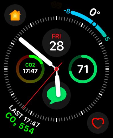Image of an Apple Watch screen showing the current CO2 reading from an Aranet 4.