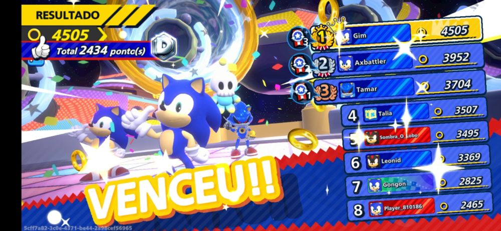 Imagem mostrando um placar com o primeiro lugar no jogo "Sonic Rumble"