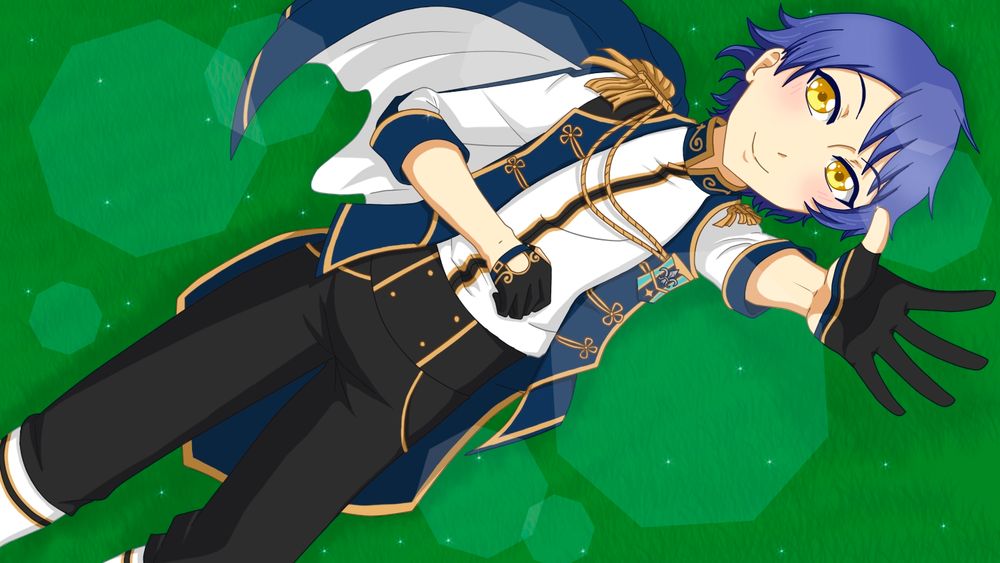 My oc rin, laying on the grass and reaching towards you >:) he has short blue hair and yellow eyes and is wearing Knights' unit outfit.