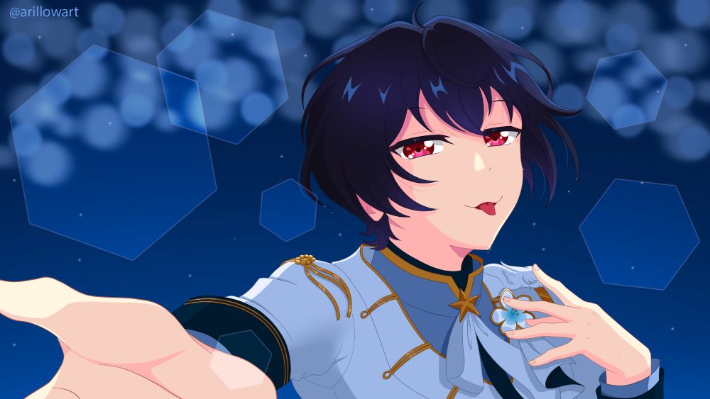 Ritsu with one hand on his chest and the other reaching towards you >:) he's bleping in true Ritsu fashion, also in a stadium filled with blue lights