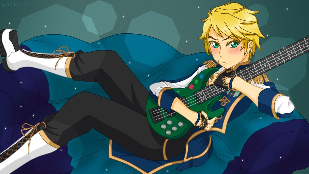 My oc jade with a tsundere-like scowl, laying on a couch and holding his green guitar. He has short spiky blond hair and green eyes, and a little scar on his cheek (it's from a cat's scratch lol)
