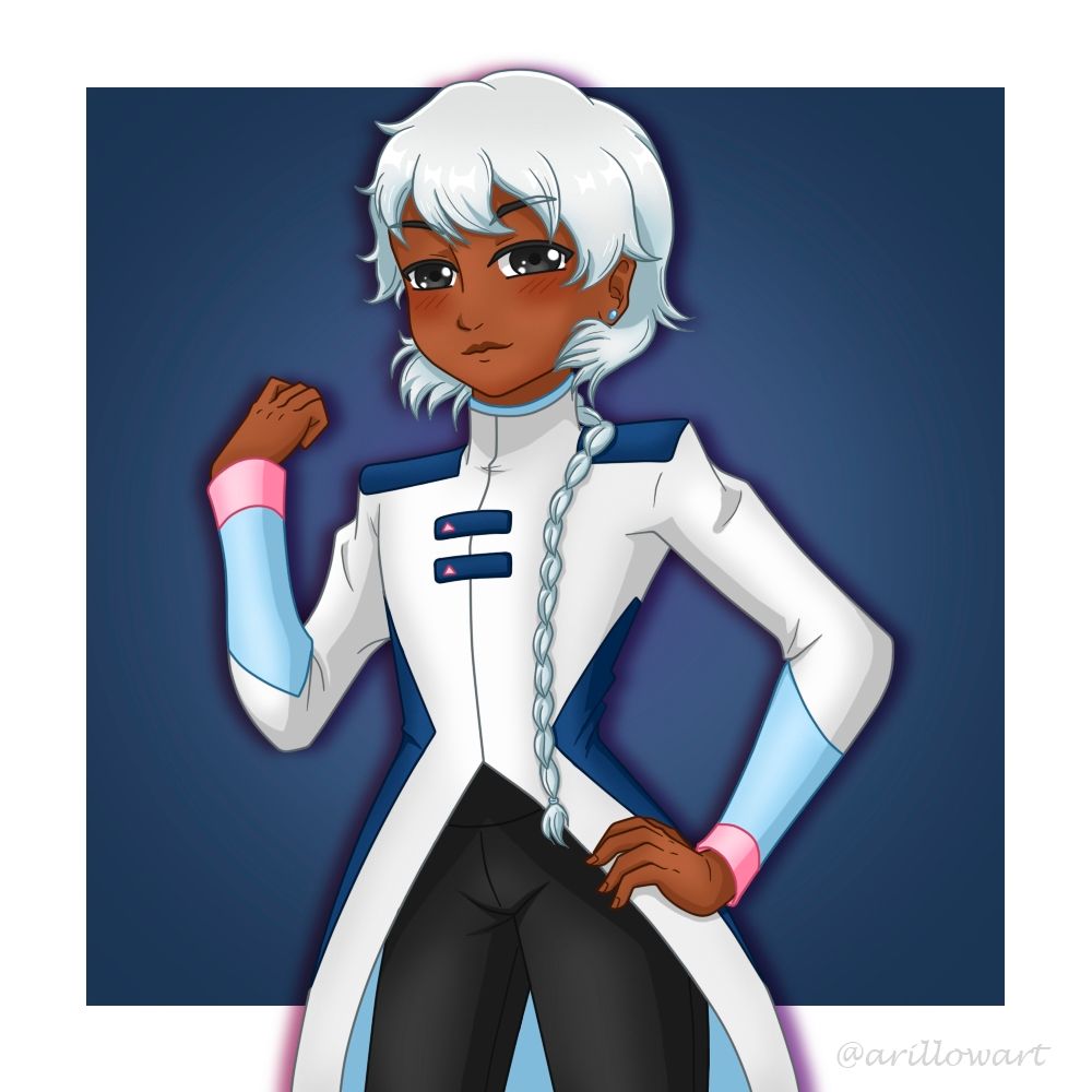 Lee's OC Avi, best boy– (coughs) I mean, he has dark skin and grey eyes, and white hair with a long braid over his shoulder