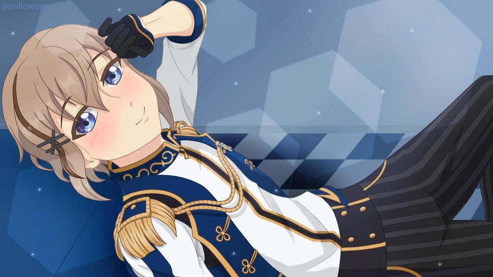 Aki wearing Knights' uniform and posing like a model.