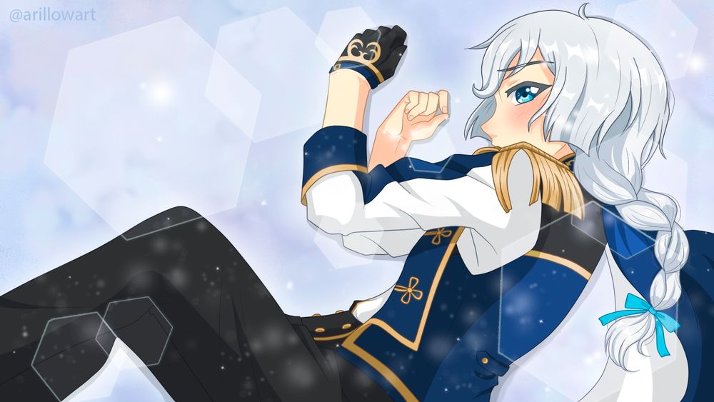 My oc Fubuki laying on the snow. He has long white hair tied in a braid and blue eyes.