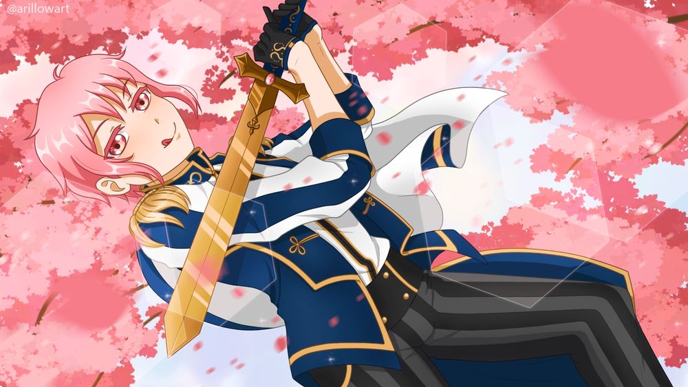 My oc Touya, holding a sword under sakura trees. He has short pink hair and pink/yellow-ish eyes. He's poking his tongue out because he's a menace.