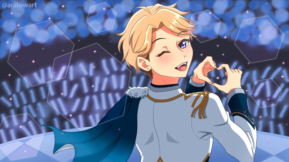 Arashi looking over her shoulder and winking while making heart hands, in a stadium filled with blue lights.