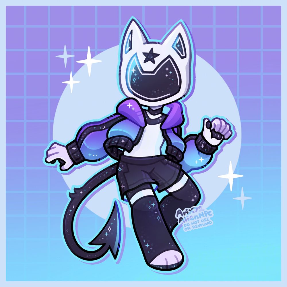 A shaded chibi-styled art of SkethRide's character! They're posed with one arm folded, one arm swinging out with one leg raised to show off the dynamic swishy-ness of their jacket and shorts. The background is a gradient purple to blue with a blue grid, it also has an off-white circle with sparkles and the same off-white border. (I do not know if they have eyes but the helmetness and sparkles has me sold on their design)