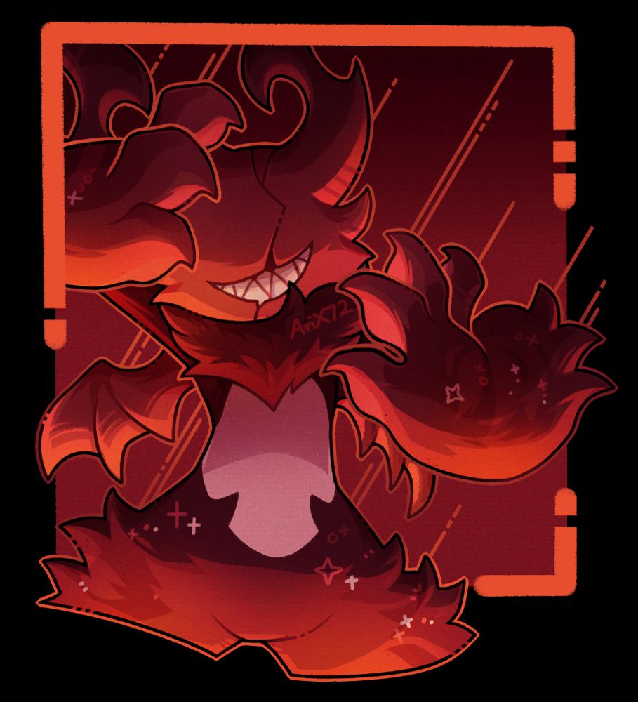 A red imp demon in a red floating background with orange line borders! They're posed with their claws framing their eyeless face. Their expression is a toothy smile! The is also orange lighting that comes from below them.