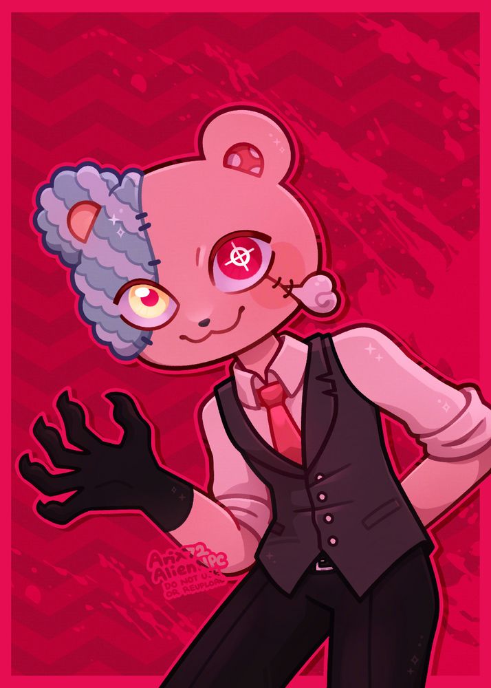 A half-body art of SkittyKittyCat's character! They have a teddybear head with the right side stitched with a different (curly furred) material. They're posed with one claw other and looking at the viewer in a rather... friendly? manner? The background is red with zigzags and a not-so-suspicious splatter of red liquid.