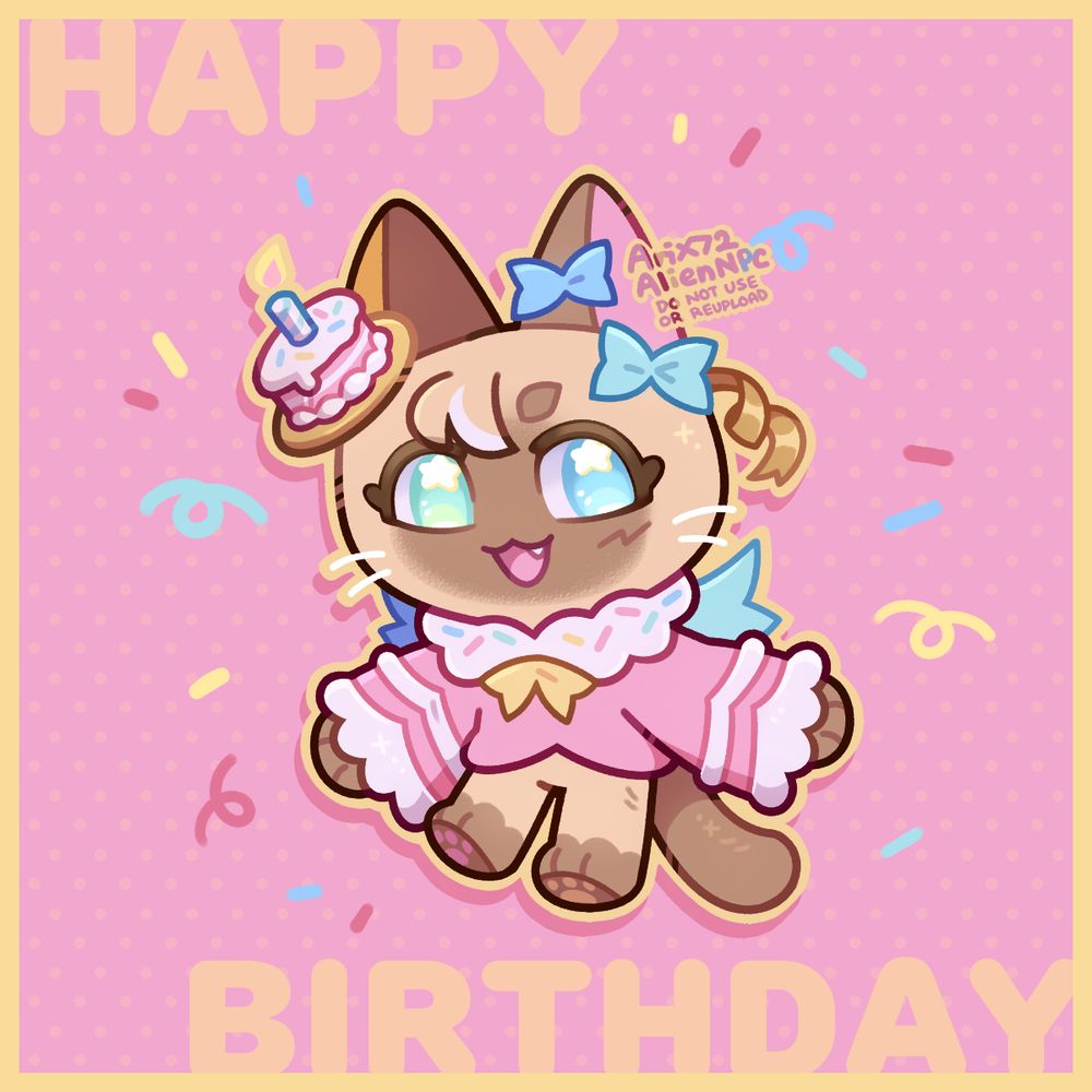 A cute cupid cat character who belongs to justice (in Art Fight) | helliots (in Toyhouse and Deviantart)! They're posed with an open-mouth smile while looking at the viewer, with simple confetti around them as they're floating in a pink background with pokka dots! There is also a yellow border with the words "HAPPY" and "BIRTHDAY" in light orange.