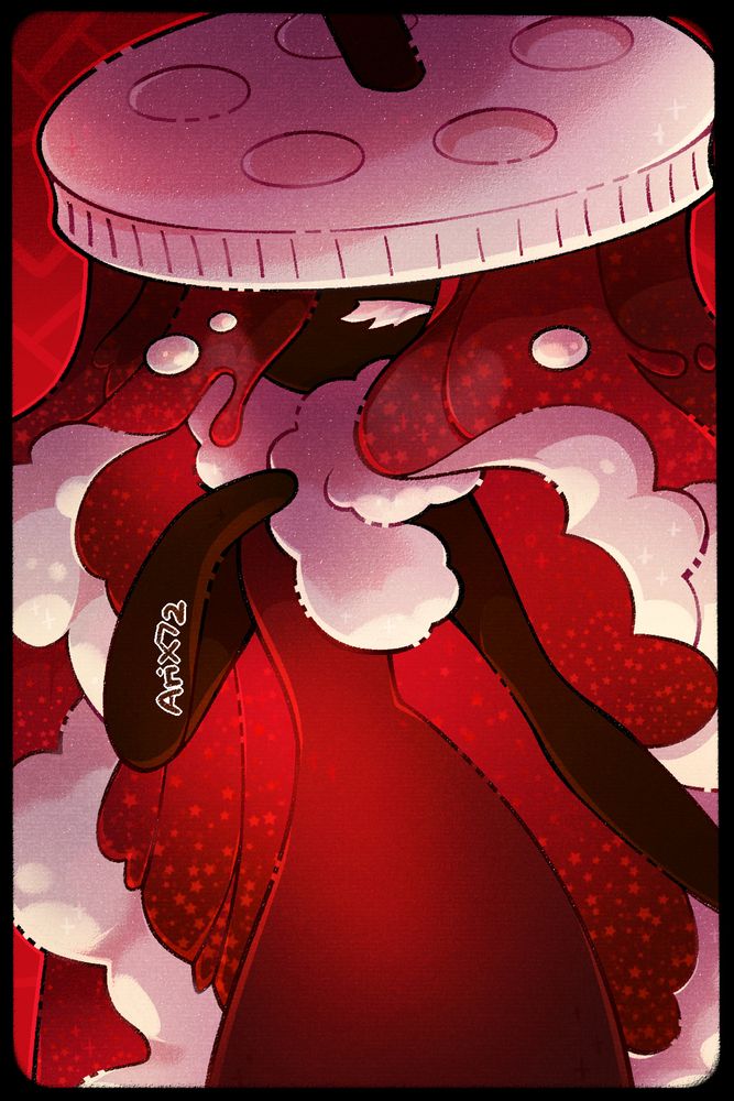 A personified soda pop! Her hat is the plastic cup lid, her hair is the fizzy soda and bubbles/foam, and the rest is made of fizzy soda as well! She's posed to be elegant with the lighting coming from below. The piece is coloured in reds, dark browns and off-white.