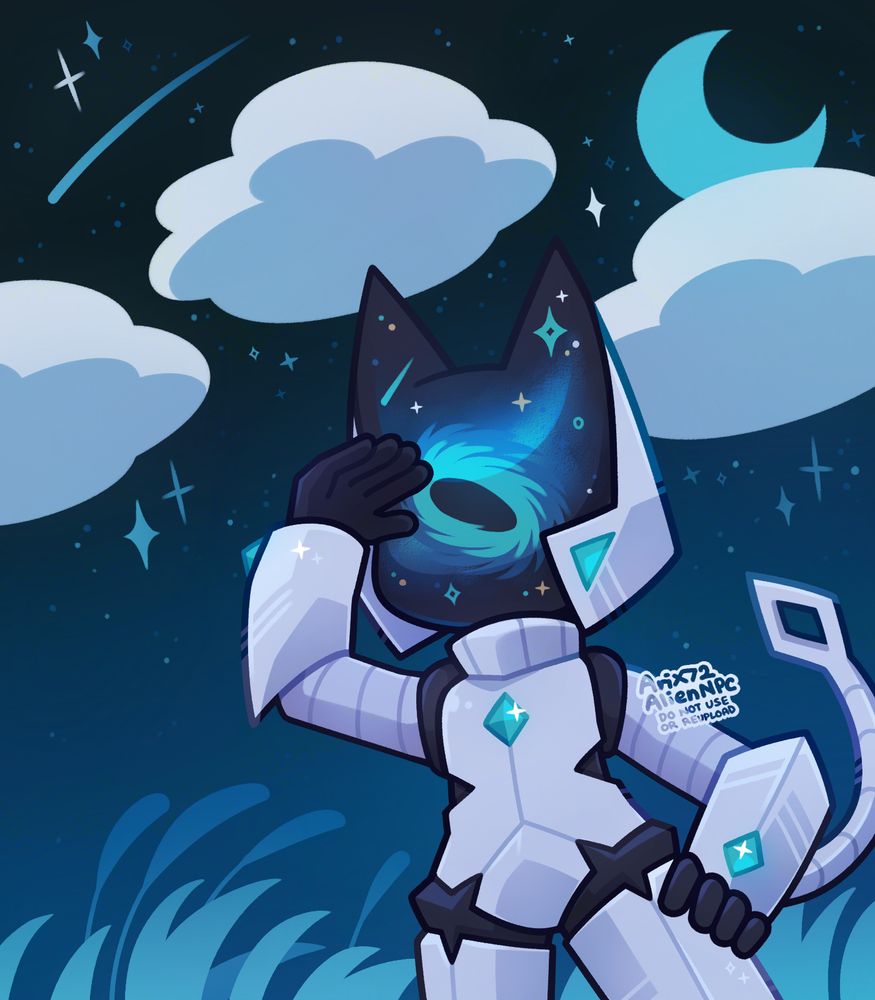 A scene of a cat-space-suited character looking out at a distance! The background scene is depicted to be a grassy area with clouds overhead at night with the moon out in the starry sky. The majority of the colour in this piece is blue, white-ish and dark greys!