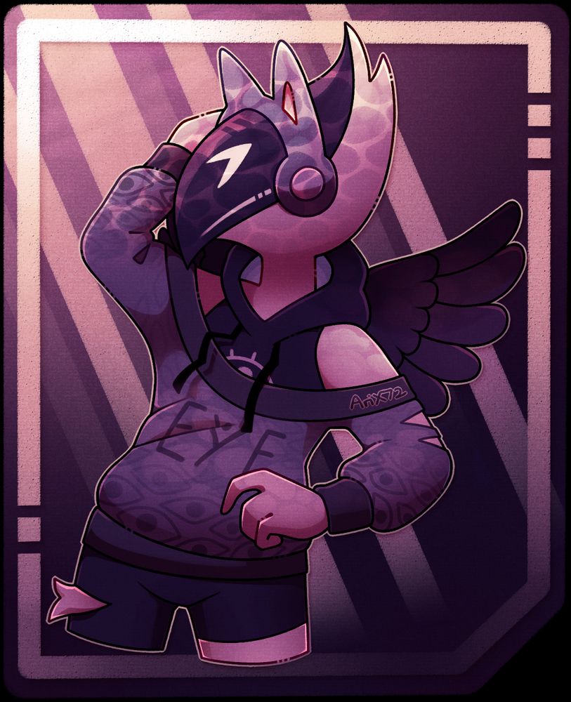 A cyber raven creature! They're depicted to be underwater so there's water ripples on them. The piece is mostly coloured in purples, pink and yellow(?).
