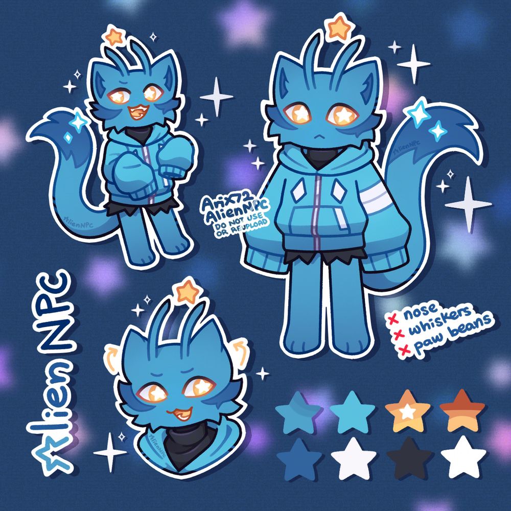 A reference sheet that has three artworks depicting the character. There is one fullbody version on the right, another (slightly smaller) fullbody with her arms up in t-rex arm position, and the third one is a headshot/bust of her with her ears in "airplane" mode. On the bottom right is her colour palette, and on the left is words that say "Alien NPC" with the "A" as an incomplete star. The background is a dark blue with multicoloured blurry stars.